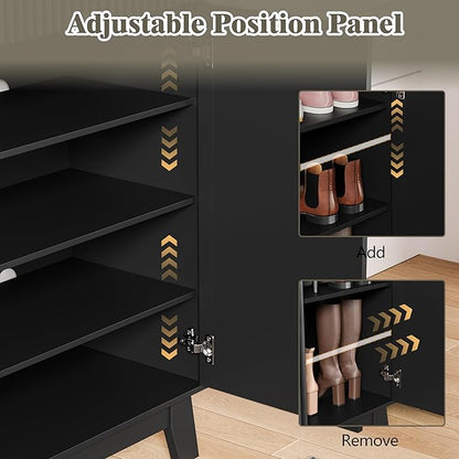 Shoe Cabinet Storage for Entryway with Doors, 4 Tier Fluted Shoe Organizer with 2 Drawers, Entryway Shoe Storage with Adjustable Shelves, Freestanding Hidden Shoe Rack for Front Door Entrance, Black