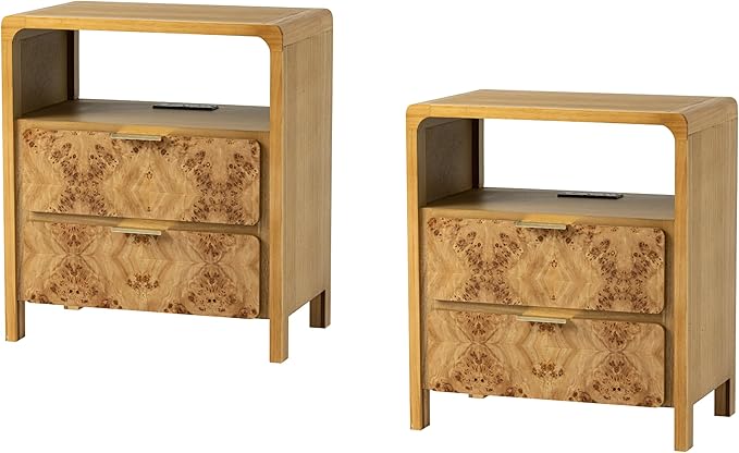 COZAYH Set of 2 Farmhouse 2 Drawer Nightstand with Charging Station, Side Table with Power Outlet, USB and Type-C Ports, Burl Wood Finish, Natural