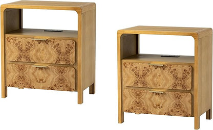 COZAYH Set of 2 Farmhouse 2 Drawer Nightstand with Charging Station, Side Table with Power Outlet, USB and Type-C Ports, Burl Wood Finish, Natural
