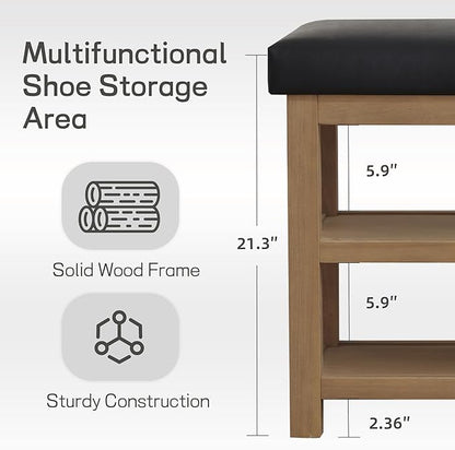 Shoe Rack Bench with Leather Cushion, 2 Tier Solid Wood Storage Bench, Mid-Century Modern Shoe Bench for Entryway, Hallway, Closet, Front Door Entrance, Foyer (Black, 39.4")
