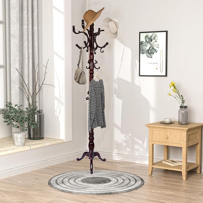 Wooden Coat rack freestanding, Coat racks stand with 14 Hook, Heavy duty coat tree standing 3 Adjustable Heights for Bedroom, Entryway, Hallway, Office,Stury Base (Redwood triangle)