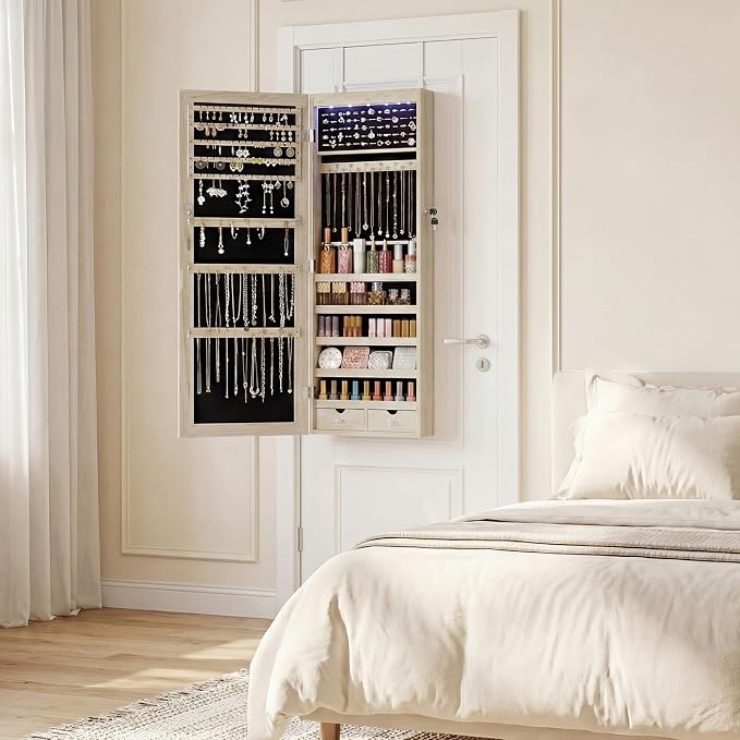DUMOS Jewelry Armoire Cabinet with Full Length Mirror, 47.2" Tall Wall Mounted or Over the Door Jewelry Organizer with 33 Necklace Hooks, Lockable Large Capacity Jewelry Armoire with Drawers, Khaki