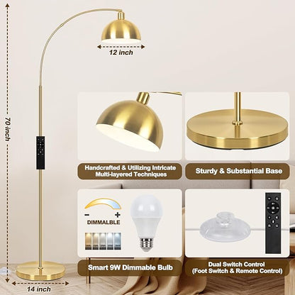 【Upgraded】 Arc Floor Lamps for Living Room - Stepless Dimmable Gold Tall Lamp with Remote Control & Color Temperature 9W LED Bulb, Over Couch Arched Reading Standing Lamp for Bedroom Brass