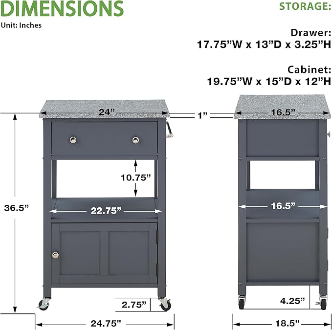 OSP Home Furnishings Fairfax Farmhouse Kitchen Cart with Granite Top, Rolling Storage Cabinet with Towel Rack, Shelf and Drawer, Grey Finish