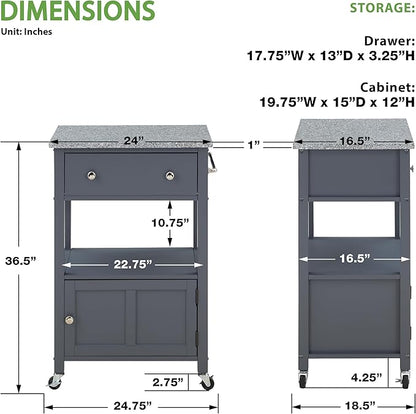 OSP Home Furnishings Fairfax Farmhouse Kitchen Cart with Granite Top, Rolling Storage Cabinet with Towel Rack, Shelf and Drawer, Grey Finish