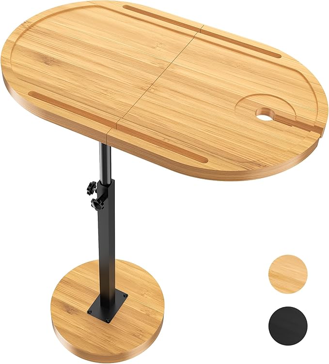 NiHome Bamboo Large Swivel TV Tray Table with Thickened Stable Non-Tipping Base, Adjustable Height Couch Table Tray, End Table, Bathtub Side Tray Table 360° Rotating for Hot Tub Bedside Sofa Balcony