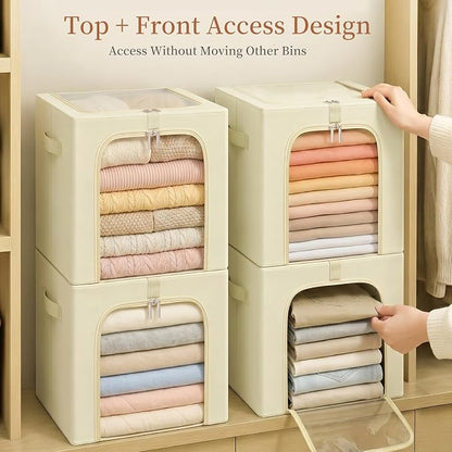 GoMaihe Clothes Storage Bins with Metal Frame, 55L Blanket Storage Boxes for Above Shelf Closet, 4 Pack Stackable Clothing Storage Organizer with Clear Window for Bedding Sweaters Comforters – Beige