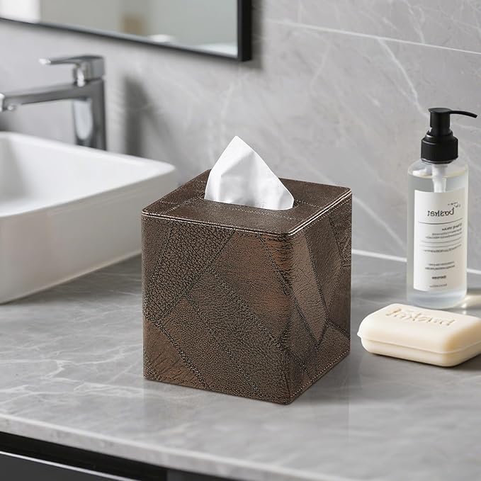 Square Tissue Box Cover, Stylish Leather Tissue Box Holder with Magnetic Bottom, Used As A Decorative Tissue Holder for Living Rooms, Bedrooms, and Desks (Brown Vintage)