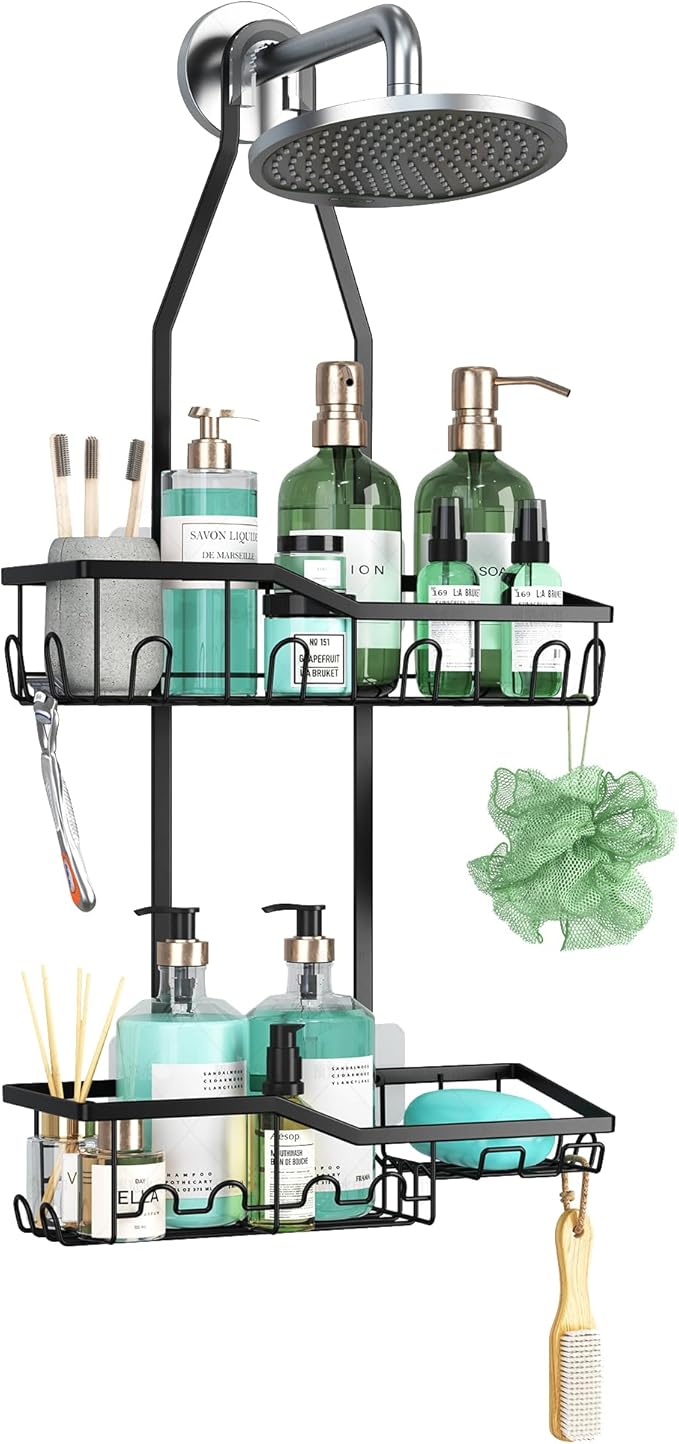 Shower Caddy Hanging,Rustproof Anti-Swing Shower Organizer,2 Tier Hanging Bathroom Caddy Anti-swing and Non-slip,Bathroom Organizer with 18 Hooks for Razor/Sponge