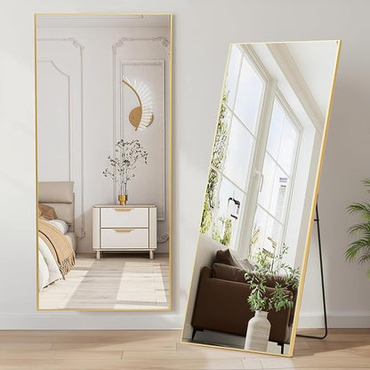 NEWBULIG Mirror Full Length, 65"x24" Body Wall Mirrors with Shatter-Proof Glass, Upgraded Floor Standing Mirror, Hanging or Leaning, with Stand Aluminum Alloy Frame for Home Decor, Bedroom, Gold