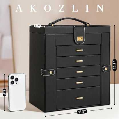 AKOZLIN Huge Jewelry Box Organizer Functional Lockable, Large Leather Jewelry Storage Case for Women Girls Ring Necklace Earring Bracelet Holder Organizer with Mirror