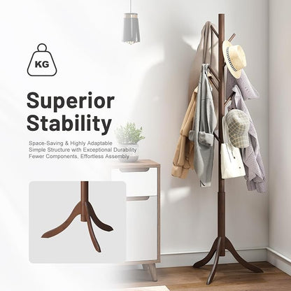 kiplant Bamboo Wood Coat Rack Stand, Freestanding Coat Tree with 8 Hooks, Hallway Entryway Hat Hanger Organizer Standing for Bedroom, Office, Clothes, Jackets, Bags, Umbrallas
