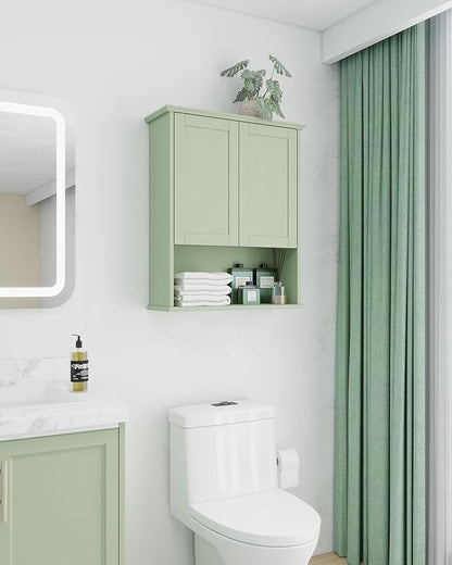 Bathroom Cabinet Wall Mount Buffering Hinge,23"x29" inch Over Toilet Storage Cabinet and Adjustable Shelves, Large Space Wooden Medicine Cabinet (Light Green)