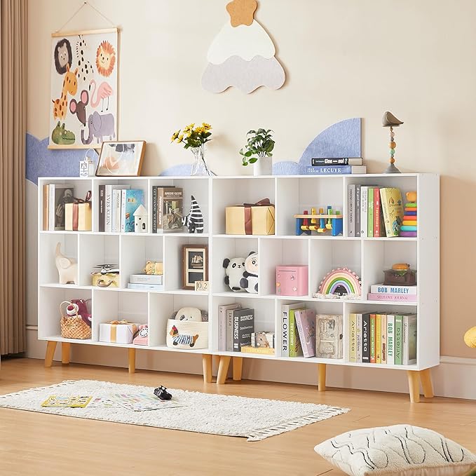 LEYAOYAO 10 Cube Bookshelf,3 Tier Modern Wide Bookcase with Legs,Mid-Century Wood Bookshelves Storage，White Large Book Case,Freestanding Organizer Display Shelf for Bedroom,Living Room,Office