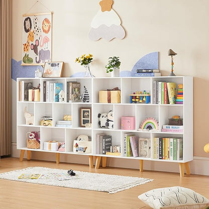 LEYAOYAO 10 Cube Bookshelf,3 Tier Modern Wide Bookcase with Legs,Mid-Century Wood Bookshelves Storage，White Large Book Case,Freestanding Organizer Display Shelf for Bedroom,Living Room,Office