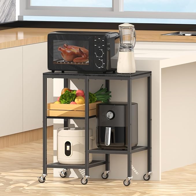 OGEMXU Kitchen Microwave Cart,Microwave Stand with Wheels,Coffee Bar Table Station,4-Tier Rolling Baker's Rack,Small Appliance Storage Shelf,Utility Side Table for Kitchen,Living Room (Black)