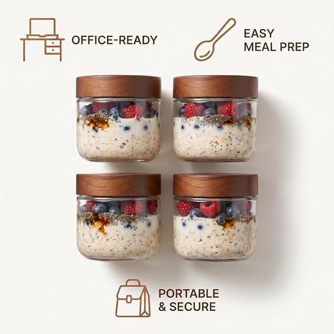 Danmu 8 oz Overnight Oats Containers with Lids,Glass Jars with Lids 6 Pack | Wooden Lid,Meal Prep,Yogurt,Leftovers,Leak-proof,Dishwasher Safe(remove lids),Fridge Safe,Portable,Stackable