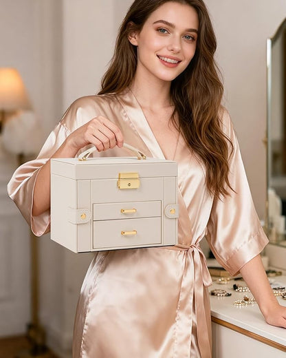 TORIBIO Jewelry Box for Women, Leather Jewelry Organizer with Mirror & Lock, 3-Tier Jewelry Storage Organizer with 2 Drawers for Girls/Women/Mothers, Necklace Earring Bracelets Holder Organizer