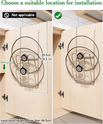 Over Cabinet Door Pot Lid Organizer, 2-Tier Stainless Steel Pan Cover Rack, Kitchen Storage Holder