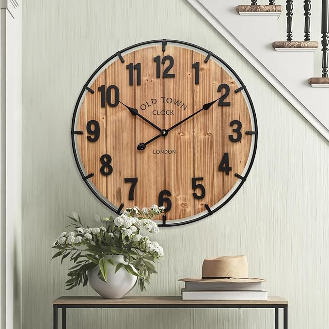 MICWIC 24 Inch Farmhouse Wall Clock Large Old Town Vintage Rustic Wooden Clock with Metal Rim and Large Numerals, Silent Battery-Operated for Office, Kitchen, Bedroom, and Living Room