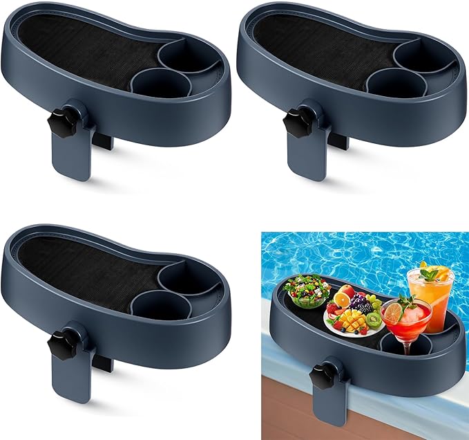 Geelin 3 Pcs Hot Tub Table Tray, Adjustable Aboveground Bathtub Tray with 2 Cup Holder, Between 2'' to 7.5'' Nonslip Hot Tub Accessories Shelf Drinks Snacks Phone Holder for Spa Bathtub (Navy Blue)