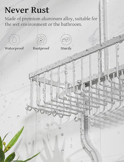 YASONIC Never Rust Shower Caddy Hanging, Aluminum Shower Racks for Inside Shower, 3-Tier Shower Organizer Hanging Over Shower Head with Hooks and Soap Holder, Silver