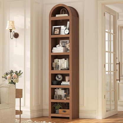 UPOSOJA 76" Tall Narrow Arched Bookcase,7-Teir Mid-Century Modern Bookshelf,Adjustable Shelves offering More Storage Space for Living Room,Kitchen,Home Office (Brown, Narrow)