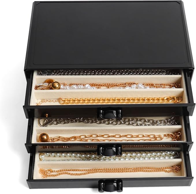 YUFONG Necklace Holder Organizer, Dustproof Necklace Box Velvet Necklace Organizer Box with Lid Clear Acrylic Dustproof Stackable Jewelry Displays for Necklaces Chain Display (Black Beige, 3 Drawer)