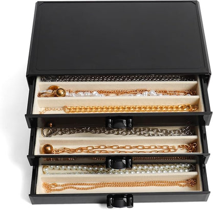 YUFONG Necklace Holder Organizer, Dustproof Necklace Box Velvet Necklace Organizer Box with Lid Clear Acrylic Dustproof Stackable Jewelry Displays for Necklaces Chain Display (Black Beige, 3 Drawer)