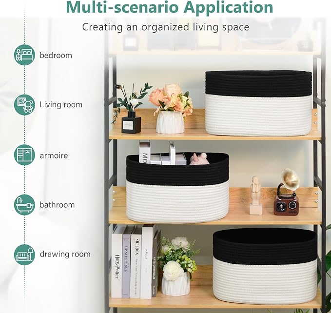 Cotton Rope Storage Basket, 15x10x9 Inches, Woven Basket for Shelves, Clothes, Towels, Books, and Laundry, Black/White (2 Pack)