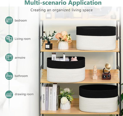 Cotton Rope Storage Basket, 15x10x9 Inches, Woven Basket for Shelves, Clothes, Towels, Books, and Laundry, Black/White (1 Pack)