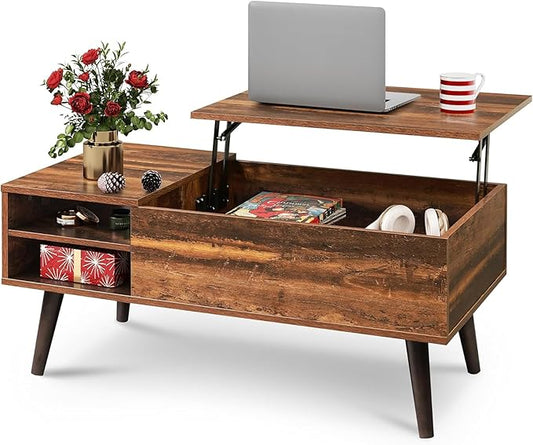 WLIVE Coffee Table with Lifting Top, Hidden Storage & Adjustable Shelf for Living Room Small Space, Multifunctional Rising Wooden Center Table, Mid Century Modern Tables for Home Dining Office, Brown
