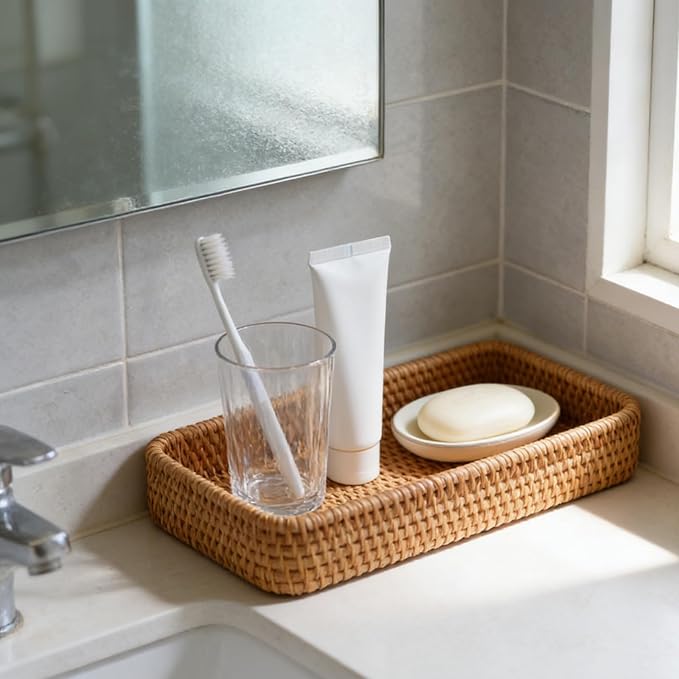 1PCS 10.63x4.33 Inch Rattan Bathroom Vanity Tray Vintage Storage Basket Bin Toilet Paper Basket for Bathroom Kitchen Toilet Tank Vanity Countertop Table Shelf