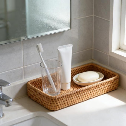 1PCS 10.63x4.33 Inch Rattan Bathroom Vanity Tray Vintage Storage Basket Bin Toilet Paper Basket for Bathroom Kitchen Toilet Tank Vanity Countertop Table Shelf