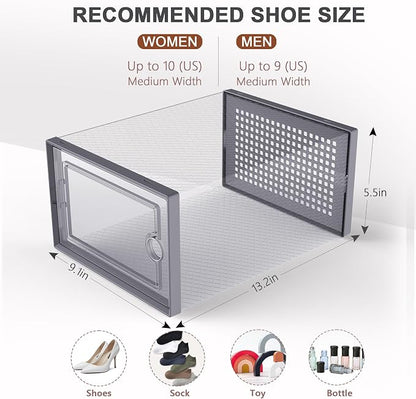 Kuject 12 Pack Large Shoe Boxes, Clear Stackable Containers with Lids,Grey | Shoe organizers for closet & entryway, under-bed,Drop-front design fits women's size 10