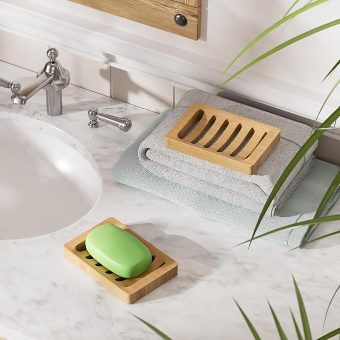 AmazerBath Soap Holder Soap Dish, Bamboo Soap Dish, 2 Pack Wood Bar Soap Holder for Shower, Trays Self Draining, Soap Saver for Shower, Bathroom, Kitchen(Natural Color)