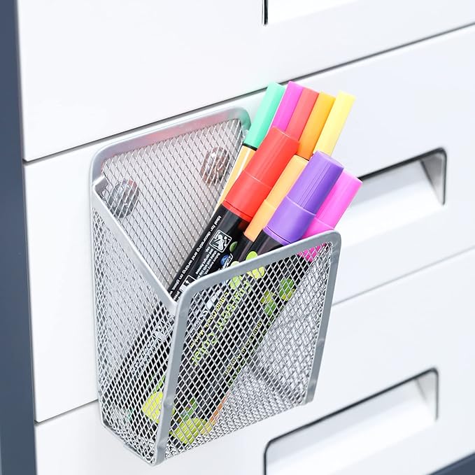 Magnetic Pencil Holder,Mesh Stainless Steel Pen Basket, Metal Writing Utensil Storage Organizer for Whiteboard,Blackboard,Kitchen, Locker, Home, or Office