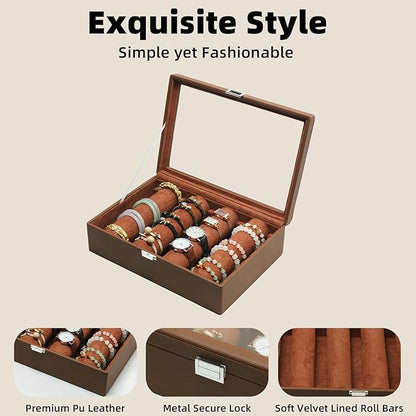 Bracelets Organizer Rods Bangles Display Holder, Clear See through Lid Leather Velvet Jewelry Storage Box Case for Women, 4 Rods Brown Leather