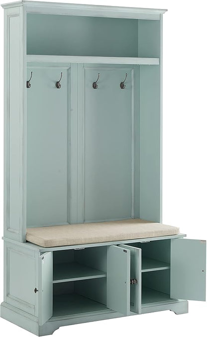 Crosley Furniture Holbrook Hall Tree with Shoe Rack Bench and Coat Hooks for Hanging Storage, Distressed Seafoam Blue