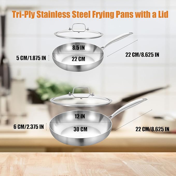 Inqibee 8.5-12 Inch Tri-Ply Stainless Steel Frying Pans Set with Lids Skillets, Induction Cooking Pans, Pots and Pans Set, Dishwasher and Oven Safe, Detachable Handle
