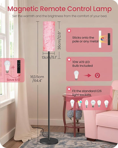 Dimmable Floor Lamps for Living Room with Remote and Foot Switch, 64.4” Modern Standing Tall Lamp, Corner Lamp for Bedroom, Bulb Included, 3000K-6500K, FCC Listed, Sakura Pink and Black CP06LD05W1