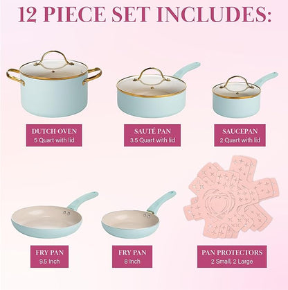 Paris Hilton Epic Nonstick Pots and Pans Set, Multi-layer Nonstick Coating, Tempered Glass Lids, Soft Touch, Stay Cool Handles, Made without PFOA, Dishwasher Safe Cookware Set, 12-Piece, Aqua