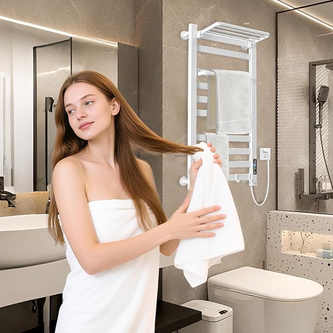 Heated Towel Rack for Bathroom Towel Warmer Racks Wall Mounted with Shelf,Timer & Temperature Multi-Level Adjustments with 10 Bars for Bathroom Shower Hot Tub(White)