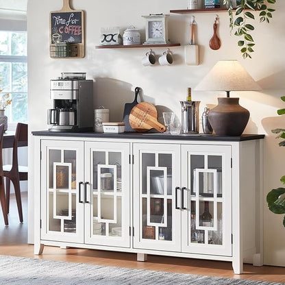 Large Sideboard Buffet Cabinet with Storage, 63" Farmhouse White Kitchen Coffee Wine Bar Cabinet with 4 Glass Doors, Wood Mid Century Modern Side Board Table for Dining Room, Living Room