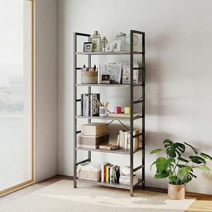 DUMOS 5 Tiers Bookshelf, Classical Book Shelf, Tall Display Shelves in Living Room/Home/Office, Storage Organizer for CDs/Books/Movies, Wood Grey