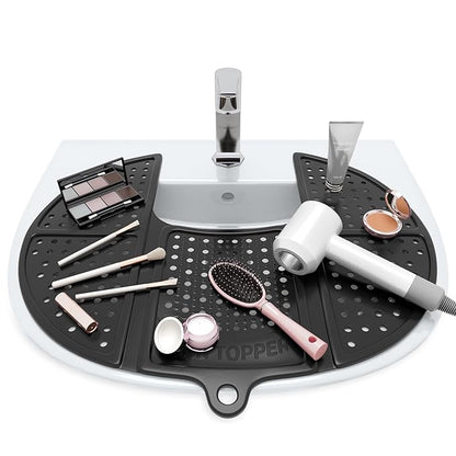 Sink Topper Bathroom Counter Cover & Storage Saver, Foldable Silicone Mat for Hot Tools, Hair Styling & Makeup, Beauty Brush Cleaning Mat, RV Camper Sink Cover & for Small Spaces (Standard Black)