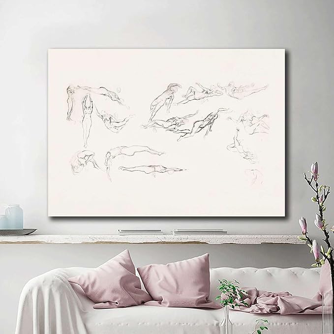 SENLYCH Canvas Art Poster Vintage Swimmer Art Sketch Beachy Wall Art Summer Home Decor Swimmer Neutral Art Print Living Room and Bedroom Office Decoration 8x12inch Wood Frame