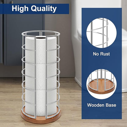 NearMoon Toilet Paper Organizer Stand, Freestanding 3 Rolls Tissue Storage, Metal Bathroom Accessory, Rustproof Toilet Roll Holder for Kitchen Countertop Inside Cabinet Shelf(Wooden Base, Chrome)
