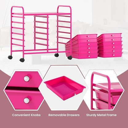 GOFLAME 12-Drawer Rolling Storage Cart, Multifunctional Art Craft Organizer Cart, Mobile Utility Storage Cart with Removable Drawers & Lockable Wheels, Craft Cart for Home Office School, Hot Pink