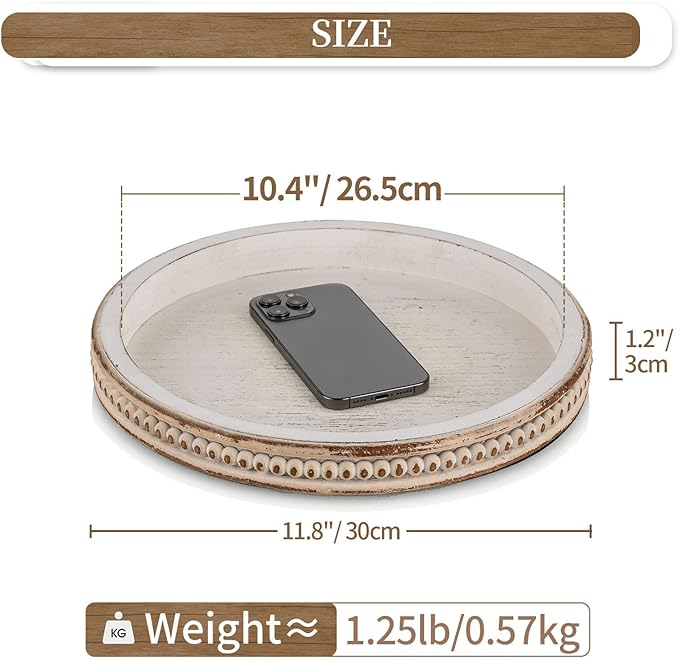 Hanobe Round Wooden Decorative Tray: White Washed Bead Tray Decor for Coffee Table Centerpiece Rustic Farmhouse Tray for Kitchen Counter Living Room Easter Decoration